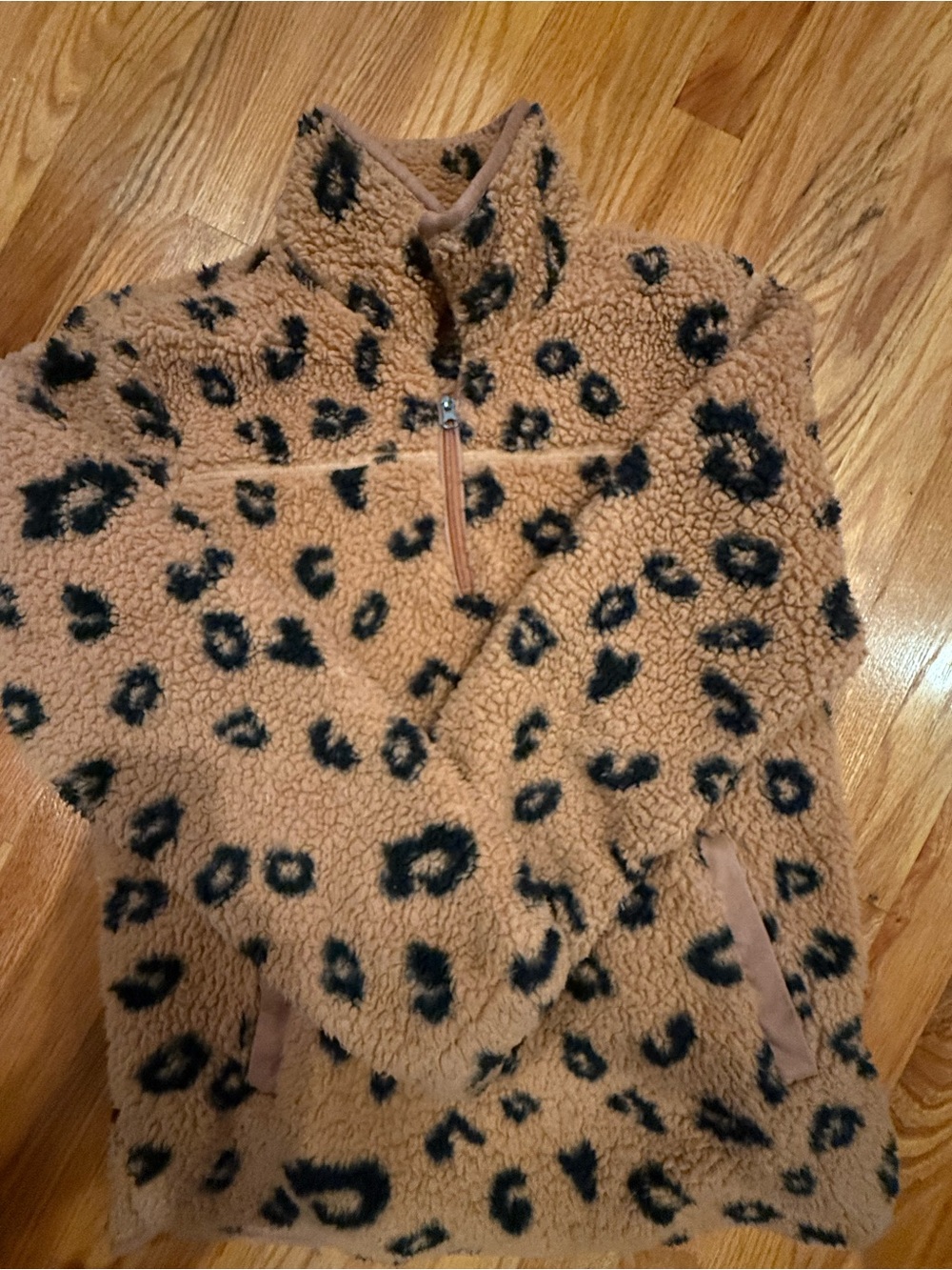 Pink Lily Tan Leopard Print Sherpa Half-Zip Hoodie